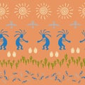 Mythical, design with gecko, Kokopelli fertility god, sun, bird, cacti. Royalty Free Stock Photo