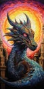 A mythical dragon encircling an ancient castle artistic painting