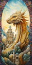 A mythical dragon encircling an ancient castle portrait