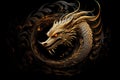 Mythical dragon head from metal and gold in circle on black background, sketch for tattoo. Asian, mythology, culture, fantasy