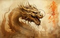 Mythical Dragon Illustrated in Sepia, Adorned with Asian Calligraphy for a Historic Feel