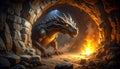 dragon standing in a dark stone cave with fire mythical dragon Royalty Free Stock Photo