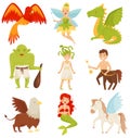 Mythical fairy tale creatures set, Centaur, Pegasus, Griffin, Medusa Gorgon, Mermaid, Dragon, Flaming Phoenix bird Royalty Free Stock Photo