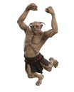 Mythical fantasy troll jumping with clenched fists raised above his head. 3D rendering isolated on white background