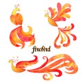 Mythical Firebird set. Watercolor flaming Phoenix symbols