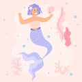 Mythical girl mermaid swimming underwater world a vector illustration. Royalty Free Stock Photo