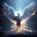 Mythical ice phoenix frozen wings, ethereal glow, soaring over icy landscapes, majestic presence