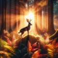 The mythical Jackalope stands in woodlands, bathed in the glorious morning sunrise Royalty Free Stock Photo