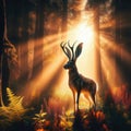 The mythical Jackalope stands in woodlands, bathed in the glorious morning sunrise Royalty Free Stock Photo