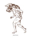Mythical Minotaur. Mythological antique animal. Ancient man with a bull`s head, fantastic creatures in the old vintage