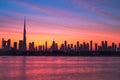 Mythical morning, sunrise or dusk in Dubai. Dawn over Burj Khalifa. Beautiful colored cloudy sky over Dubai downtown Royalty Free Stock Photo