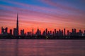 Mythical morning, sunrise or dusk in Dubai. Dawn over Burj Khalifa. Beautiful colored cloudy sky over Dubai downtown Royalty Free Stock Photo