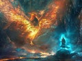 A mythical phoenix in flames clashes with a cloaked wizard evoking a powerful fantasy battle scene Royalty Free Stock Photo