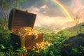 Mythical treasure depicted with a chest of gold under a rainbow in a lush meadow creating a storybook image of luck and Royalty Free Stock Photo