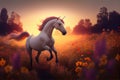 Mythical unicorn in a blooming field. AI generated