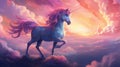 Mythical unicorn in a dreamy, cloud filled landscape