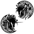 black and white vector design of moon crescent, pegasus and unicorn horse among flowers Royalty Free Stock Photo