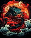 Mythical water dragon with dragon head in traditional chinese painting style in deep sea Royalty Free Stock Photo