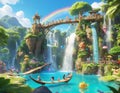 Mythical Waterfall Village with Rainbow Royalty Free Stock Photo