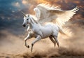 The mythical white Pegasus unicorn horse is running and preparing to fly