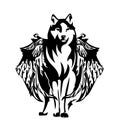 Mythical winged wolf black and white vector outline