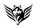 Mythical winged wolf head black and white vector outline