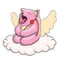 Mythical Yawning Cupid Pink Cat Tired on the Cloud with Cupid Arrow and Bow on White Background