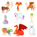 Mythological animal vector mythical creature phoenix or fantasy firebird characters of mythology mermaid snowman and Royalty Free Stock Photo