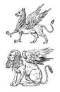 Mythological Animals. Mythical Sphinx And Antique Griffin. Ancient Birds, Fantastic Creatures In The Old Vintage Style