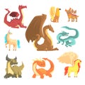 Mythological animals, set for label design. Dragon, unicorn, pegasus, griffin, cartoon detailed Illustrations Royalty Free Stock Photo