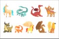 Mythological animals, set for label design. Dragon, unicorn, pegasus, griffin, cartoon detailed Illustrations