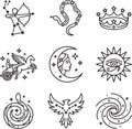 Mythological celestial objects and ancient symbols outline icon set Royalty Free Stock Photo