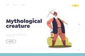 Mythological creature concept of landing page with funny garden gnome holding lantern and mattock