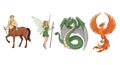Mythological Creatures: Centaur, Fairy, Dragon, and Phoenix on a White Background Royalty Free Stock Photo