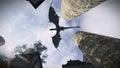 Mythological dragon flying over a medieval village