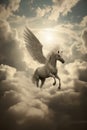 The mythological horse Pegasus, the patron saint of writers and poets, rides in the clouds in the sunlight bringing good luck to