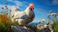 Mythological-inspired White Rooster Poses On Rock Amidst Colorful Flowers