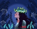 Mythological Slavic, Viking girl with black hair in a floral wreath at night. On a pagan holiday, under the stars.