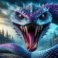 Mythological snake Basilisk coming toward camera with mouth open