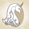 Mythological Unicorn on the beige background. Legendary horse. The series of mythological creatures