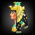 Cleopatra face, Egyptian pharaoh queen, ancient goddess portrait, Egypt woman black hair, gold crown. Royalty Free Stock Photo