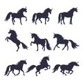 Mythology illustrations set of unicorns silhouette in different poses. Vector pictures of medieval black horses Royalty Free Stock Photo