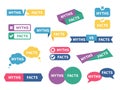 Myths facts. Truth vs lie text signs, color shapes badges, speech bubbles with words, fake and true concepts, reality Royalty Free Stock Photo