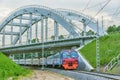 Passenger train moves under the bridge