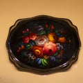 Mytishy district, RUSSIA - JULY, 2019: Zhostovo factory museum. Editorial Black oval metal tray with painting