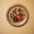 Mytishy district, RUSSIA - JULY, 2019: Zhostovo factory museum. Round pale pink metal tray with painting on the wall