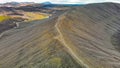 Myvatn, Iceland. Aerial view of large Hverfjall volcano crater, Tephra cone or Tuff ring volcano on overcast day Royalty Free Stock Photo