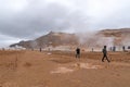 Myvatn, Iceland - Sept 11, 2019: Tourists at Namafjall geyser, its a Geothermal Area located in Northeast Iceland, on the east