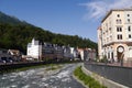 Mzymta River and hotel buildings. Rosa Khutor, Russia