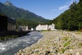 Mzymta River and hotel buildings in Rosa Khutor, Russia